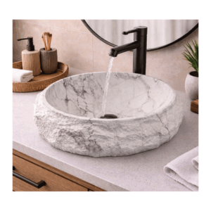 Glacier Textured Stone Vessel Sink in White Marble Finish - Size: 500x400x150mm - Image 2