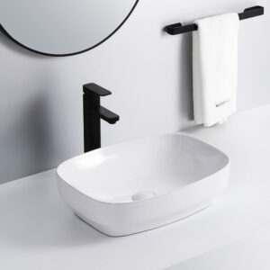 Glacier Rectangular Ceramic Vessel Sink - Glossy White - Image 3